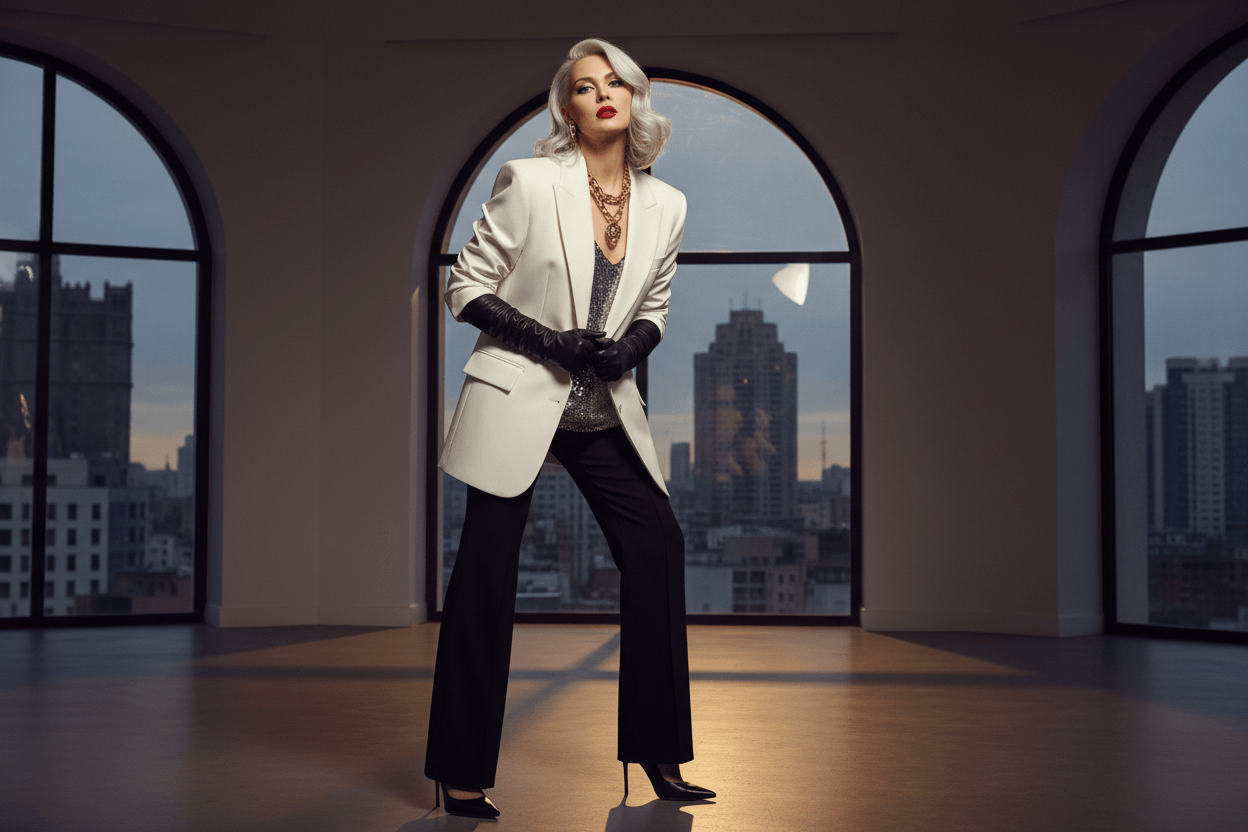 femme dans la mode portant des gants en cuir, elle est blond élédante et porte le regard vers celui qui regarde l'image